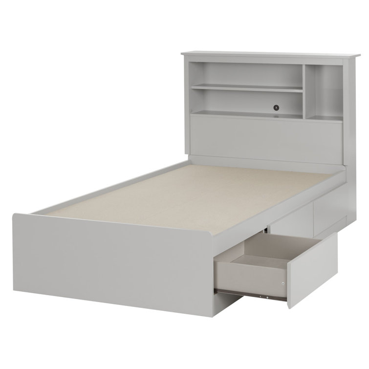 Soft Gray Twin Wood Platform Bed with Bookcase Headboard and Storage Drawers