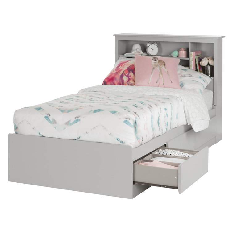 Soft Gray Twin Wood Platform Bed with Bookcase Headboard and Storage Drawers