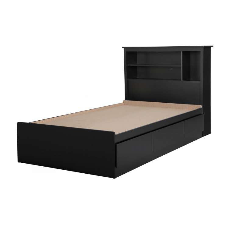 Black Twin Wood Platform Bed with Storage and Bookcase Headboard