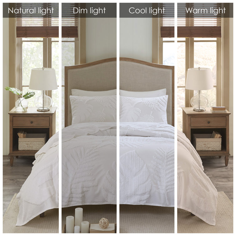 Full/Queen White Cotton Chenille Palm Duvet Cover Set