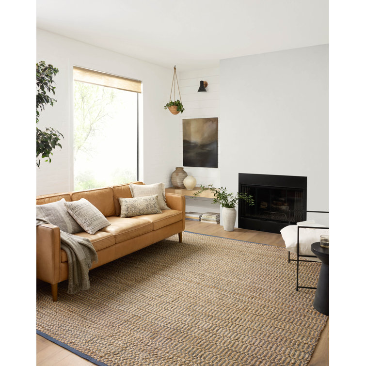 Handmade Rectangular Beige and Blue Cotton Stripe Rug 5' x 7'