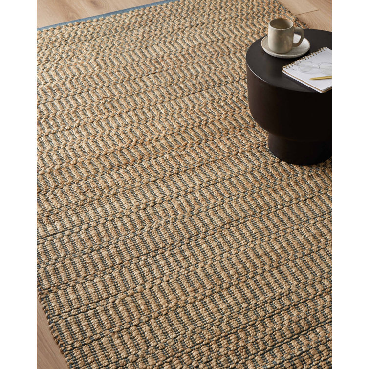 Handmade Rectangular Beige and Blue Cotton Stripe Rug 5' x 7'