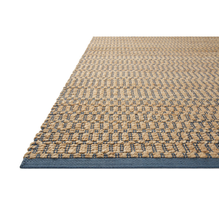 Handmade Rectangular Beige and Blue Cotton Stripe Rug 5' x 7'