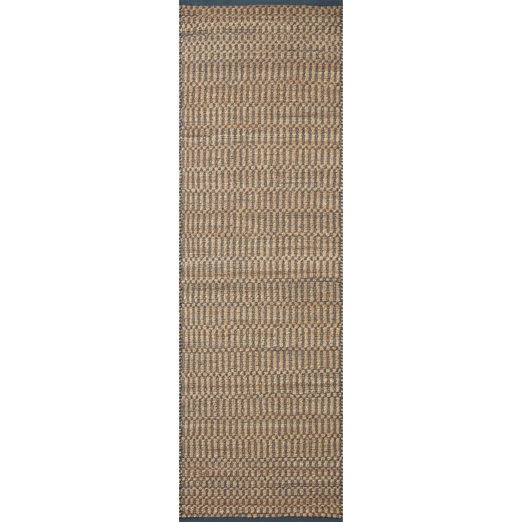 Handmade Rectangular Beige and Blue Cotton Stripe Rug 5' x 7'