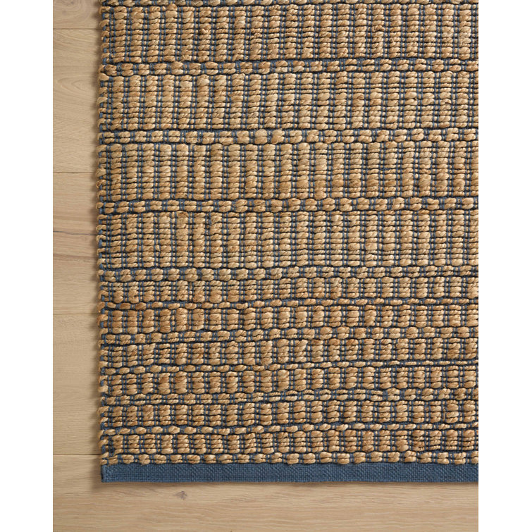 Handmade Rectangular Beige and Blue Cotton Stripe Rug 5' x 7'