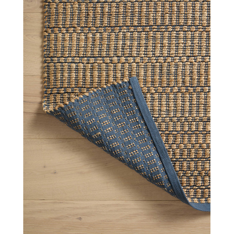 Handmade Rectangular Beige and Blue Cotton Stripe Rug 5' x 7'
