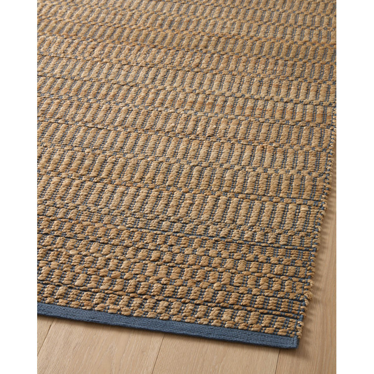 Handmade Rectangular Beige and Blue Cotton Stripe Rug 5' x 7'