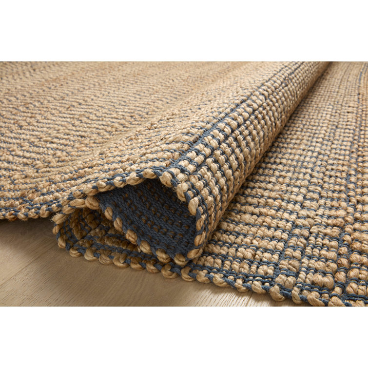 Handmade Rectangular Beige and Blue Cotton Stripe Rug 5' x 7'