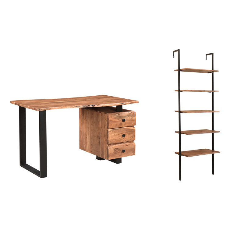 Live Edge Acacia Wood and Black Metal Desk Set