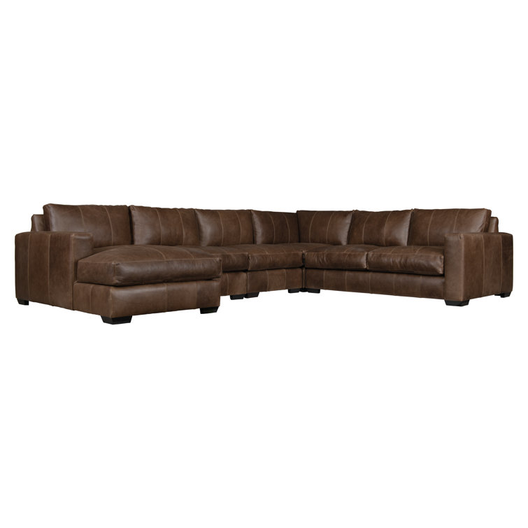 Brown Leather Five-Piece Track Arm Sectional Sofa