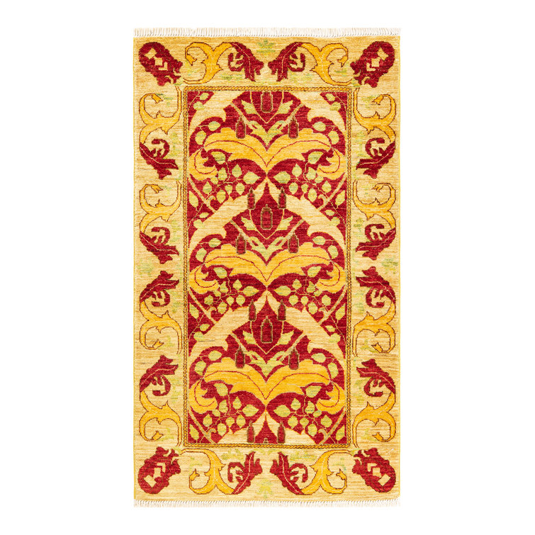 Hand-Knotted Red and Yellow Wool Floral Area Rug