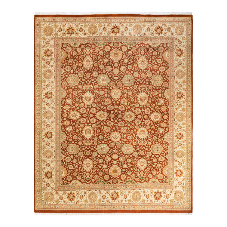 Hand-Knotted Ivory and Orange Wool 8' x 10' Oriental Rug