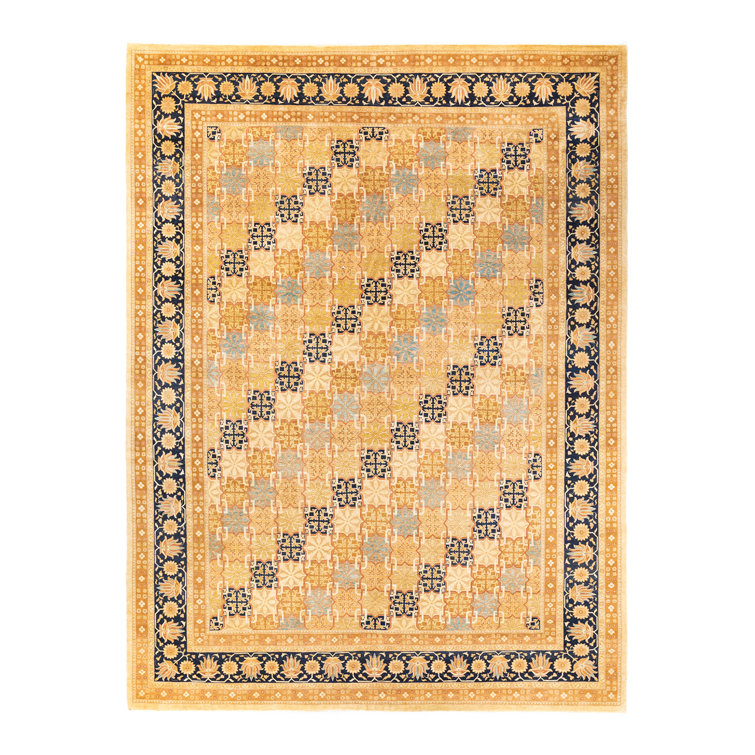 Ivory and Gold Hand-Knotted Wool 9' x 12' Traditional Rug