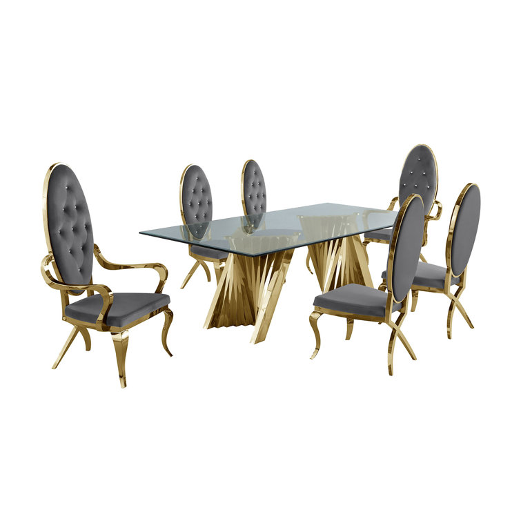 Gray Velvet and Glass 7-Piece Dining Set with Silver Pedestal Base