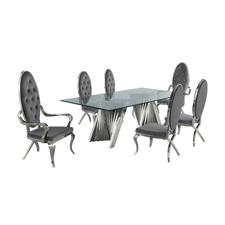 Gray Velvet and Glass 7-Piece Dining Set with Silver Pedestal Base