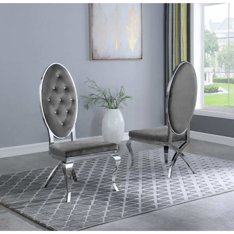 Gray Velvet and Glass 7-Piece Dining Set with Silver Pedestal Base