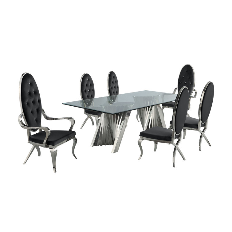 Gray Velvet and Glass 7-Piece Dining Set with Silver Pedestal Base