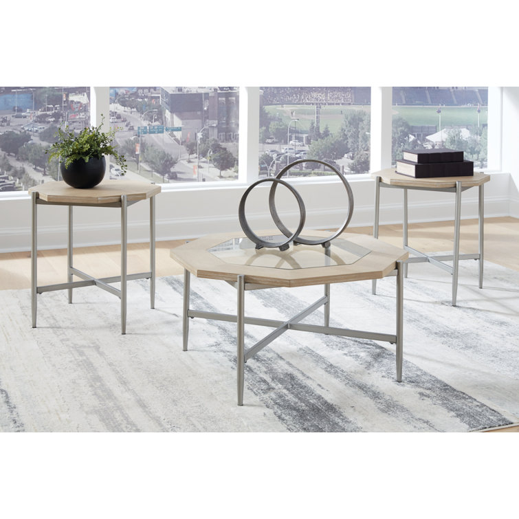 Beige Octagonal Glass and Metal Table Set