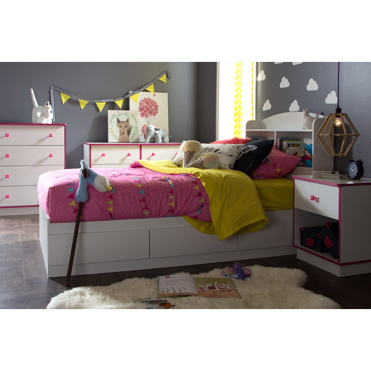 White Twin Wood Frame Platform Bed with Storage Drawers