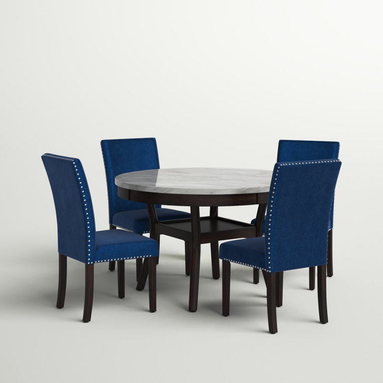 Celeste 5-Piece Blue Velvet and Faux Marble Dining Set