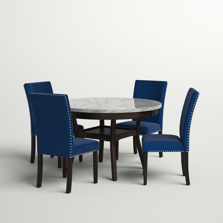 Celeste 5-Piece Blue Velvet and Faux Marble Dining Set