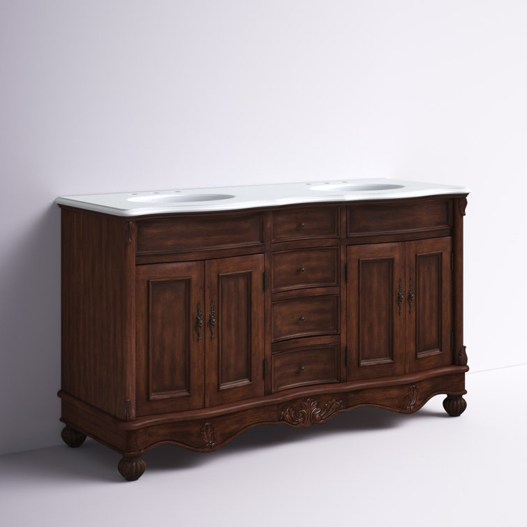 Teak and Ivory White Double Freestanding Vanity with Quartz Countertop