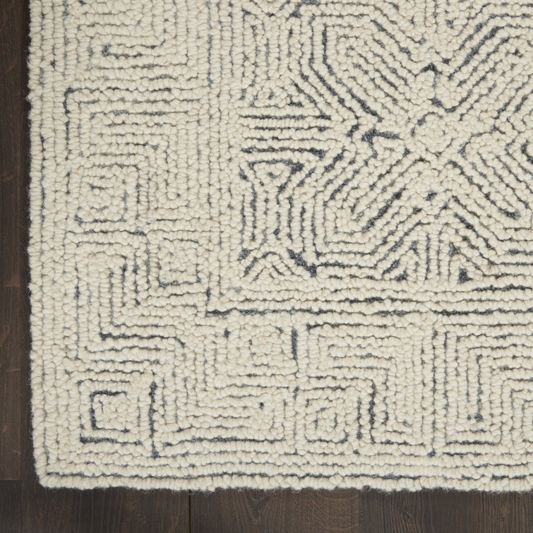 Cream and Navy Tufted Geometric Wool Area Rug