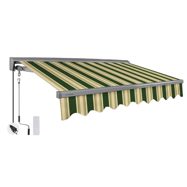 Forest Green and Beige Striped Motorized Retractable Patio Awning