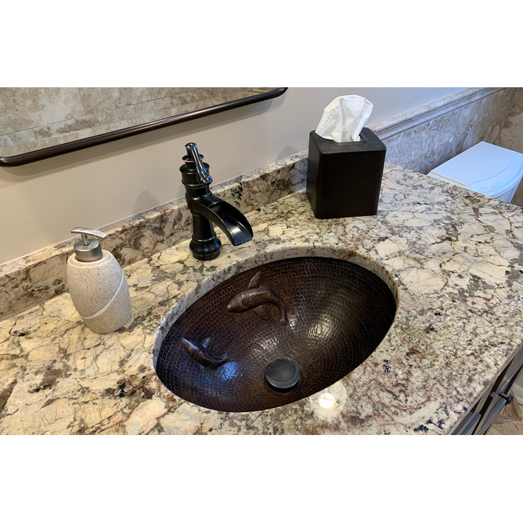 19" Oval Hammered Copper Undermount Sink with Koi Fish Design