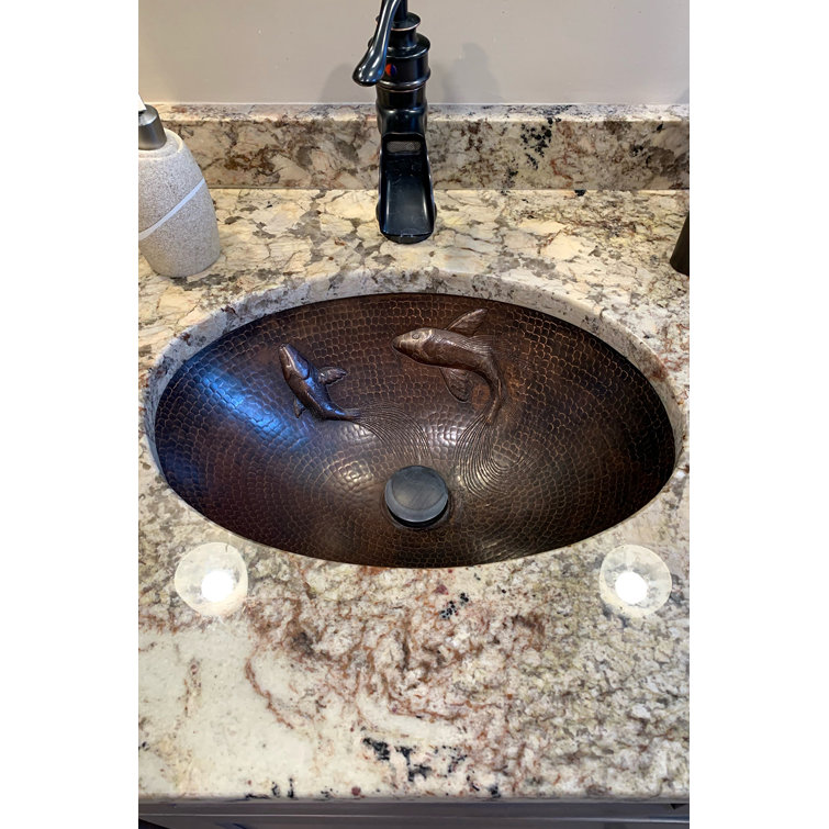 19" Oval Hammered Copper Undermount Sink with Koi Fish Design