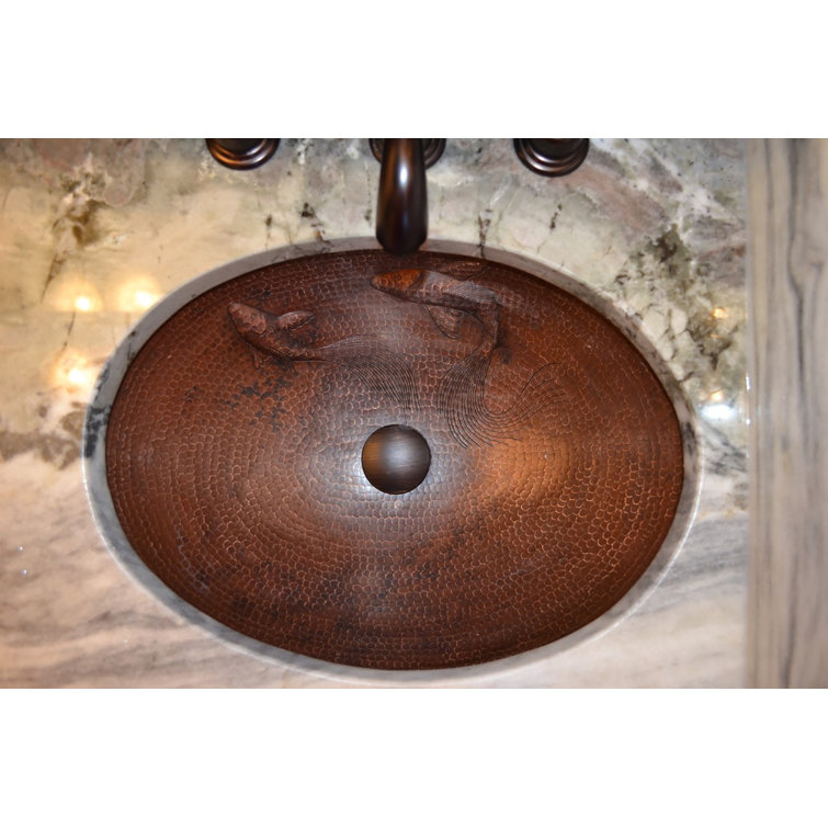 19" Oval Hammered Copper Undermount Sink with Koi Fish Design