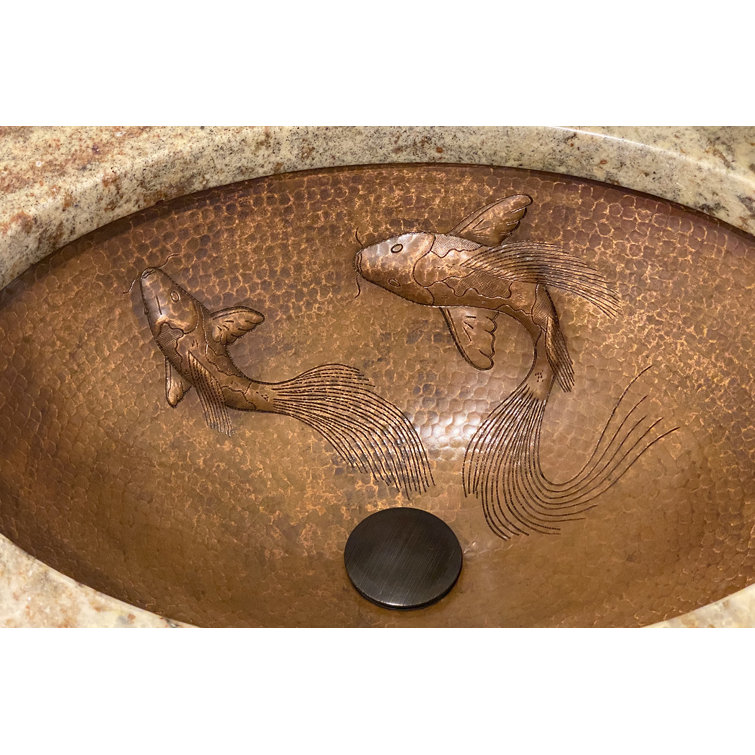 19" Oval Hammered Copper Undermount Sink with Koi Fish Design