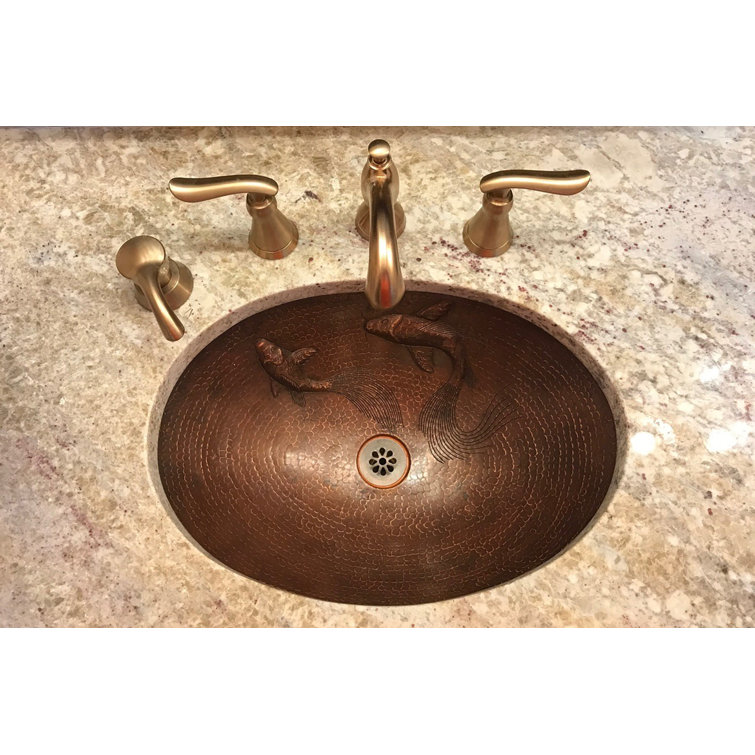 19" Oval Hammered Copper Undermount Sink with Koi Fish Design
