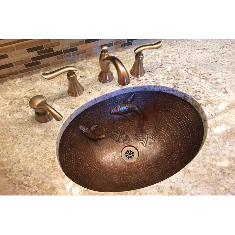 19" Oval Hammered Copper Undermount Sink with Koi Fish Design