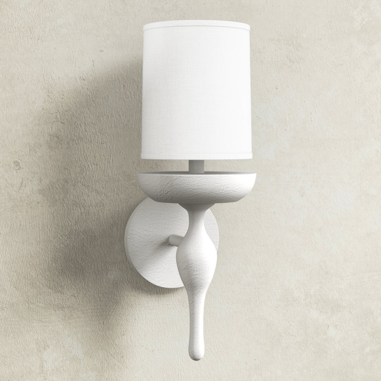 Lumina Coastal Charm White Plaster 1-Light Sconce with Linen Shade