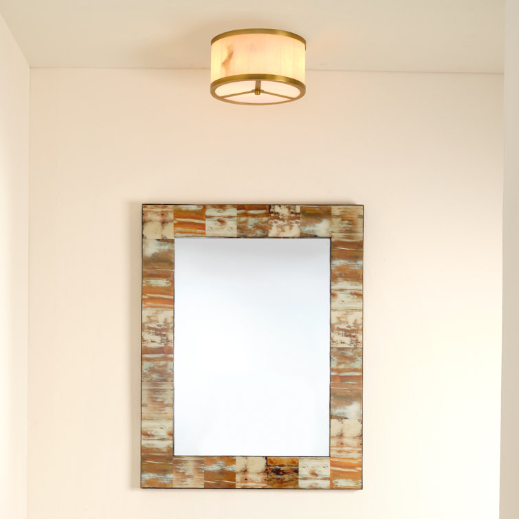 Large Brass and Alabaster Drum Flush Mount Ceiling Light