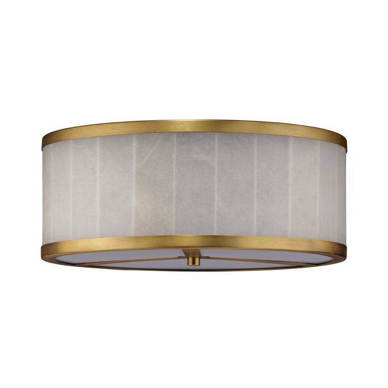 Large Brass and Alabaster Drum Flush Mount Ceiling Light