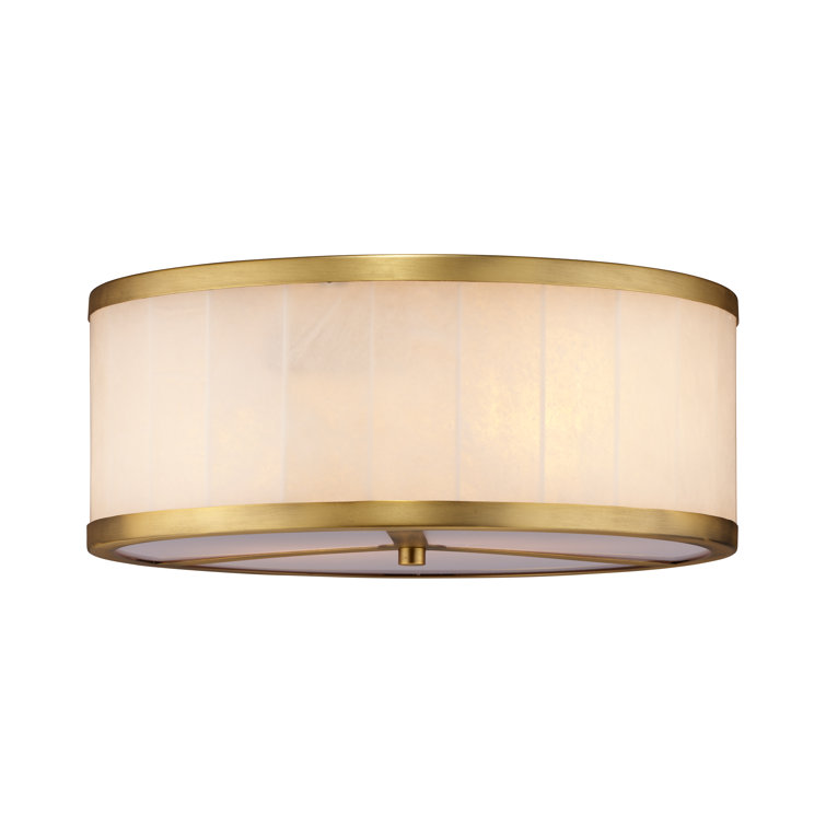 Large Brass and Alabaster Drum Flush Mount Ceiling Light