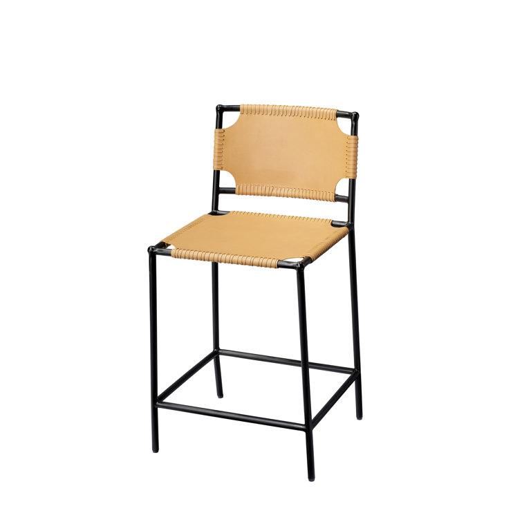 Off-White Leather and Black Metal 24" Counter Stool