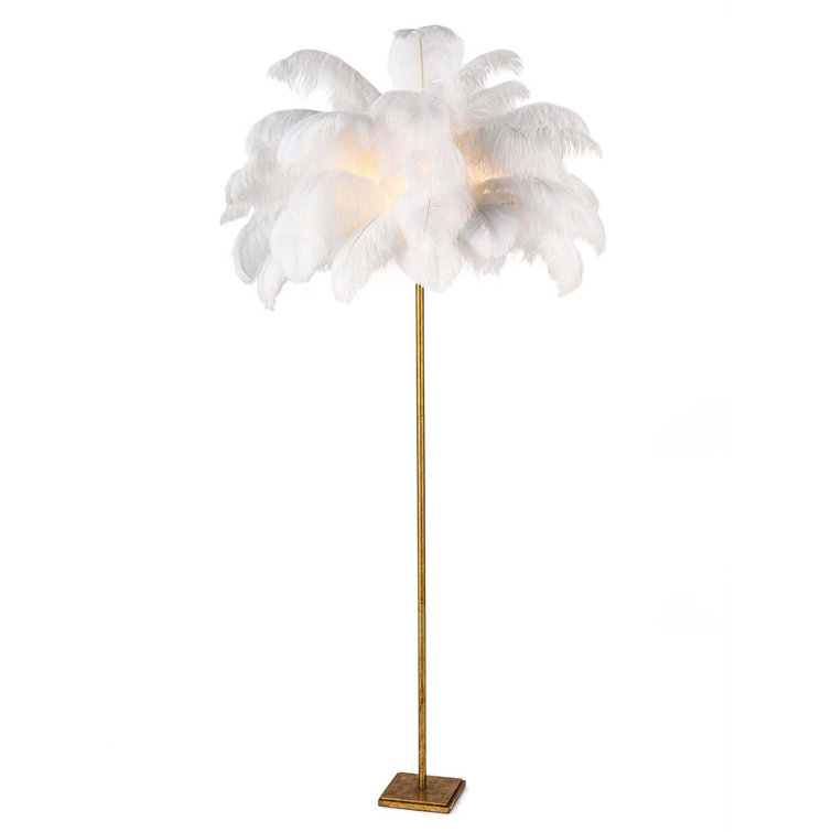 Tall Gold Leaf Floor Lamp with White Feather Shade