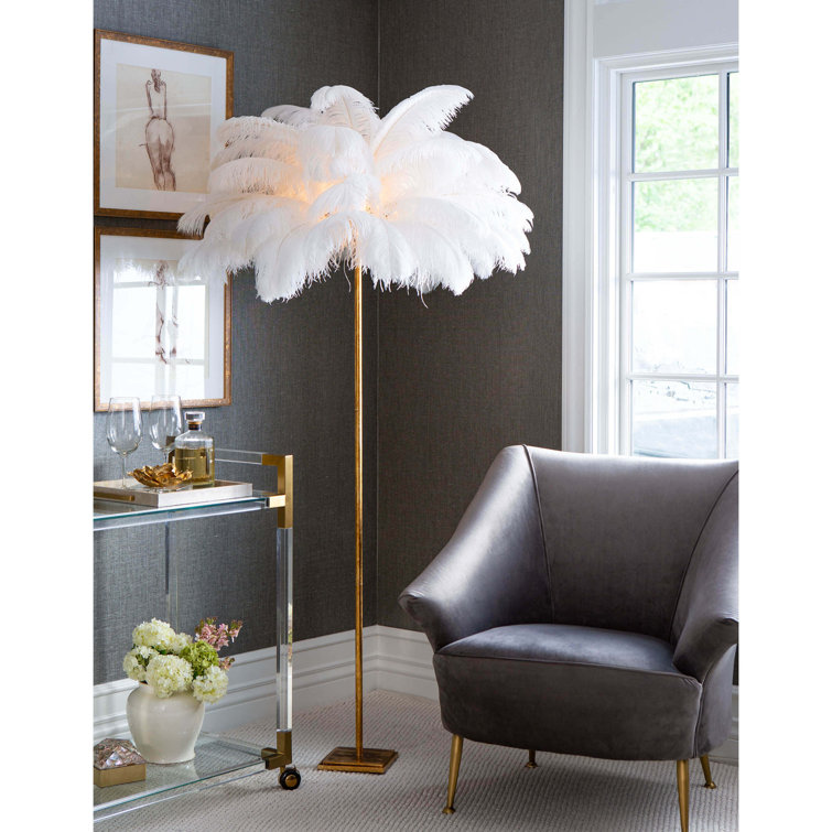 Tall Gold Leaf Floor Lamp with White Feather Shade
