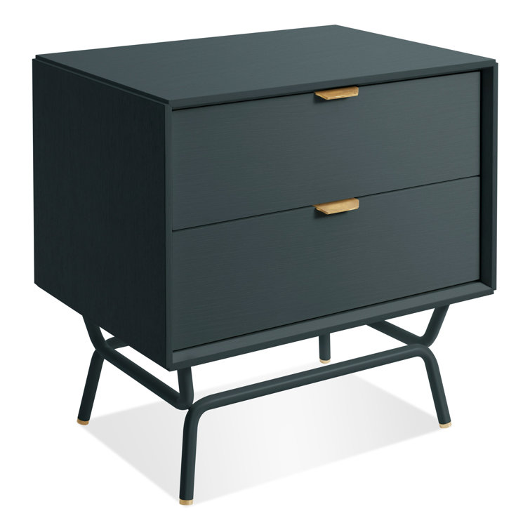 Navy Green Wood 2 Drawer Nightstand with Brass Pulls