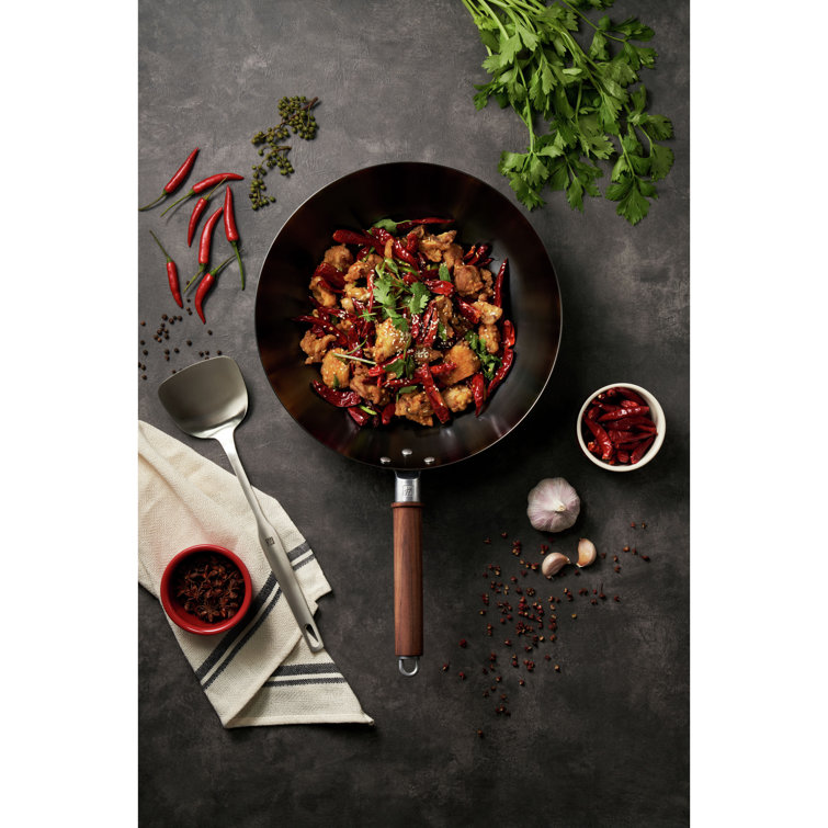 Zwilling 12-Inch Black Carbon Steel Wok with Walnut Handle