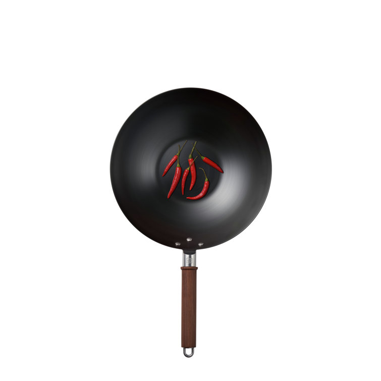Zwilling 12-Inch Black Carbon Steel Wok with Walnut Handle