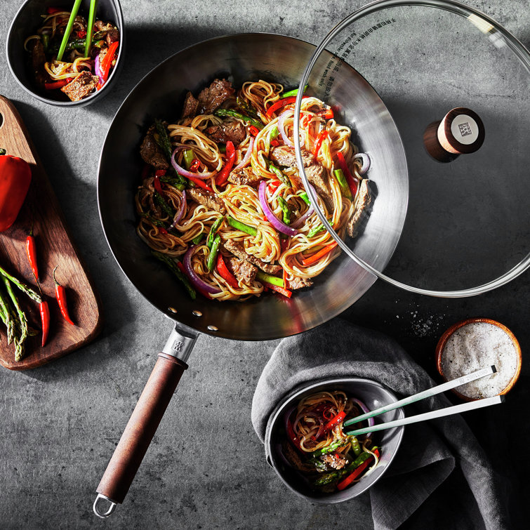 Zwilling 12-Inch Black Carbon Steel Wok with Walnut Handle