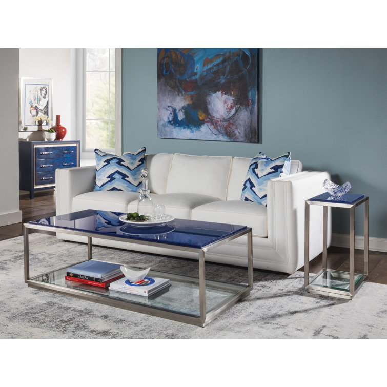 Contemporary Ultramarine Glass & Metal Rectangular Coffee Table