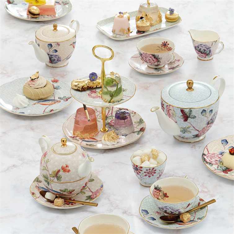 Pink and Blue Fine Bone China Teacup & Saucer Set with Gold Trim