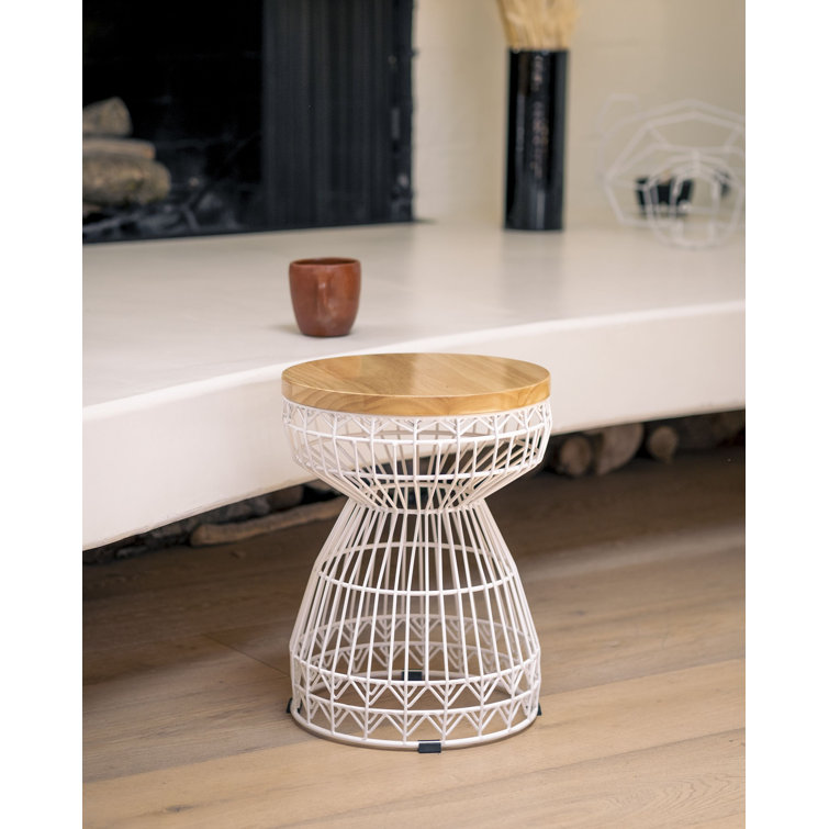 Compact White Oak & Iron Hourglass Accent Stool