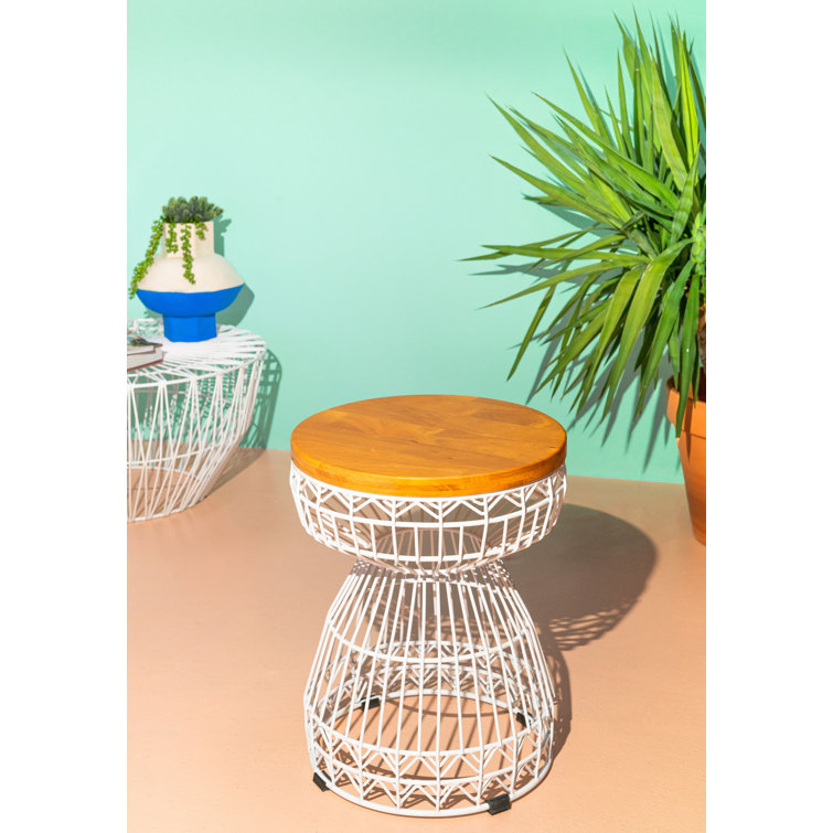 Compact White Oak & Iron Hourglass Accent Stool