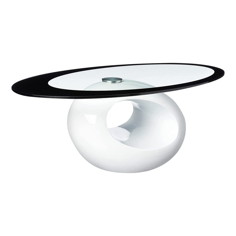 White Oval Glass Top Coffee Table with Abstract Base